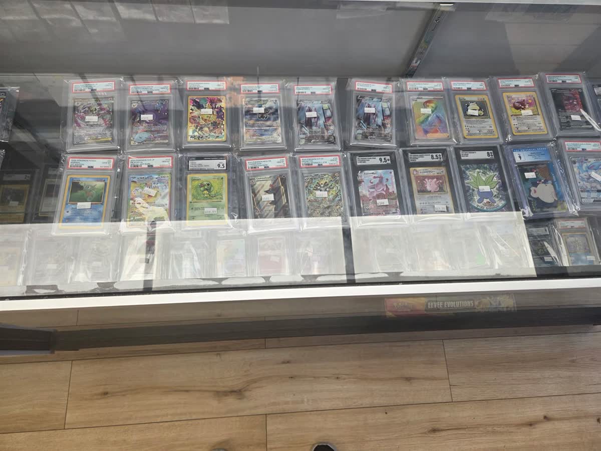 Graded Pokémon slabs in the display case