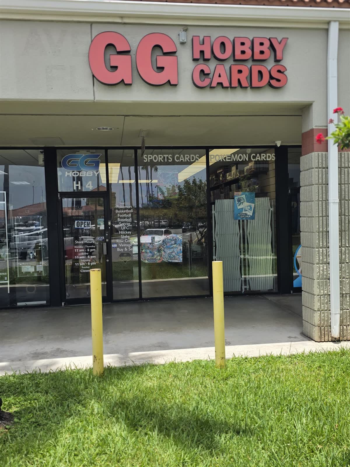 The GG Hobby storefront in Aventura — sports cards and Pokémon cards signage with the GG logo